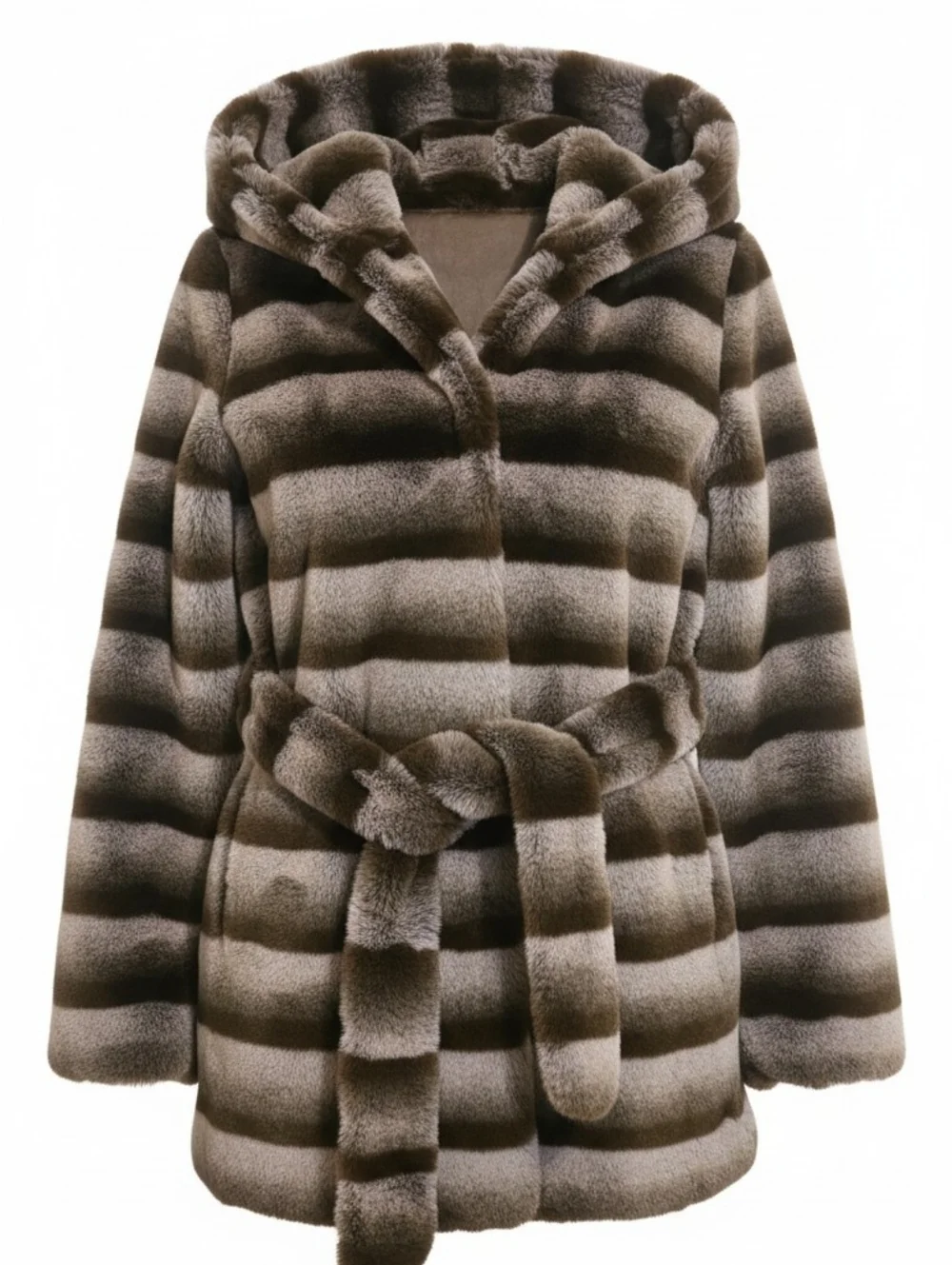 Luxury Faux Fur Hooded Coat Brown Striped Belted Jacket Soft Plush Winter Chic - Picture 3 of 6